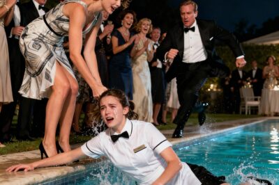 A poor waitress was pushed into the pool while everyone laughed at her — then a millionaire walked in and did something that left everyone speechless…..