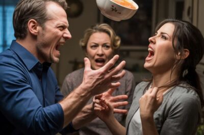 The moment the hot soup hit my scalp, I heard his mom laugh—like it was a joke made just for her. Mark leaned back, wiped his hand, and said, “You’ve got ten minutes to get out.” My vision blurred, but my voice didn’t. I pulled a stack of papers from my bag, laid them on the table, and whispered, “You’re right… ten minutes is plenty.” Then the doorbell rang. And everything changed.